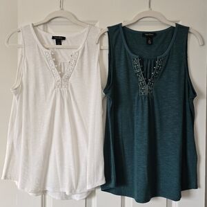 WHBM 2 WOMEN'S SLUB TANKS IN SIZE  LARGE W/ EMBROIDERED NECK AND SILVER BUTTONS